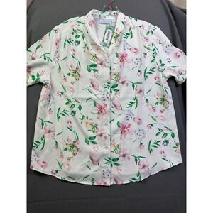National Floral Button Down Shirt Women Large White Pink Short Sleeve Blouse NWT